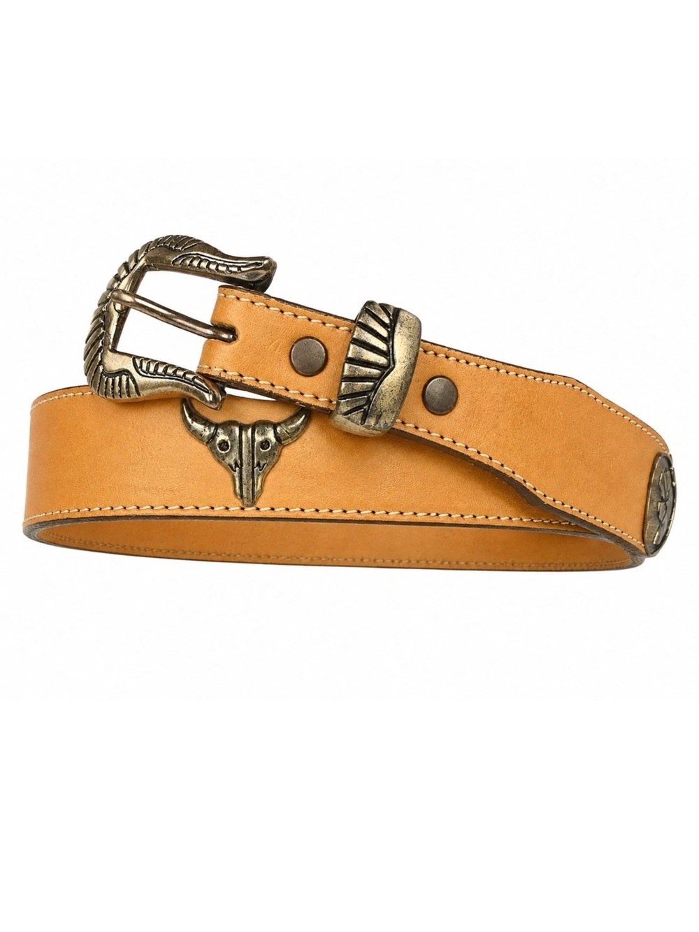 Nocona Leather Western Belt Women’s 32 Longhorn Skull Conchos Tan Cowboy Rodeo
